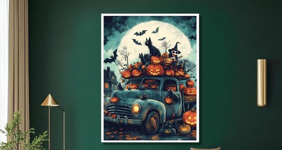 Vintage Truck Overflowing With Pumpkins Under a Full Moon Poster