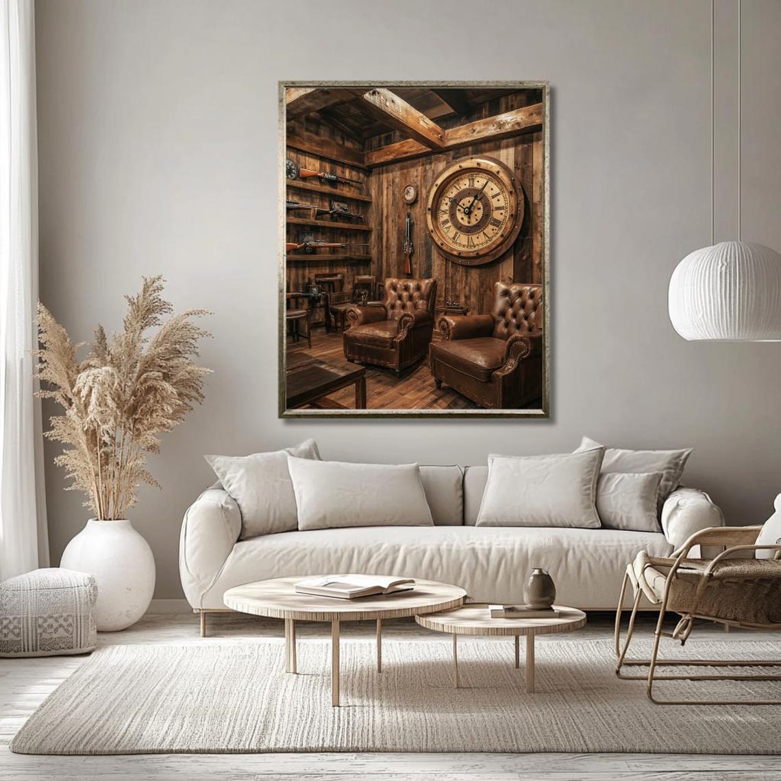Rustic Vintage Study Room with Leather Chairs and Grand Clock Poster - Image 3