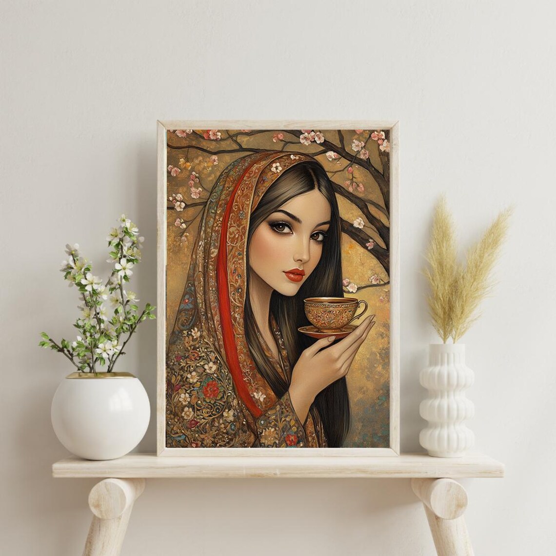 Persian Woman Holding Ornate Teacup Blossom Beauty Portrait Poster - Image 2