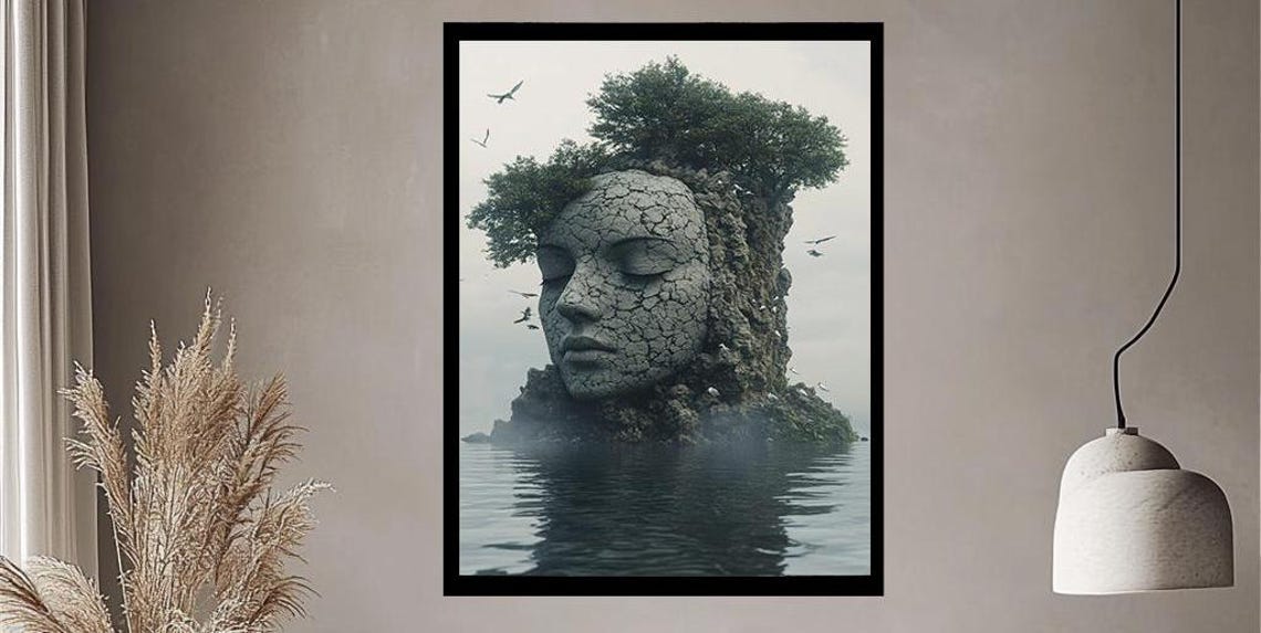 Grey Stone Face Island in Still Misty Water Monochrome Print