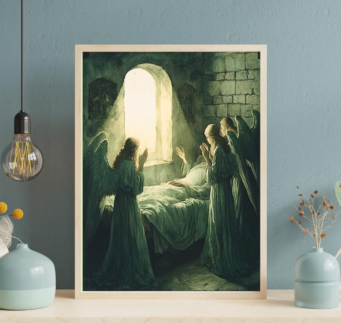 Angels Praying At Bedside Gothic Stone Chamber Religious Poster - Image 2