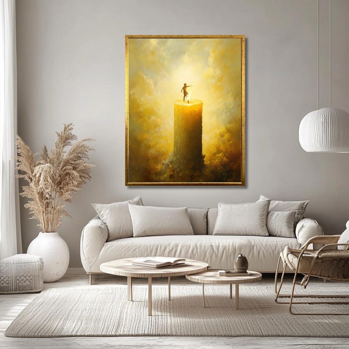 Tiny Figure Balancing On A Giant Candle Flame In Golden Light Poster - Image 3