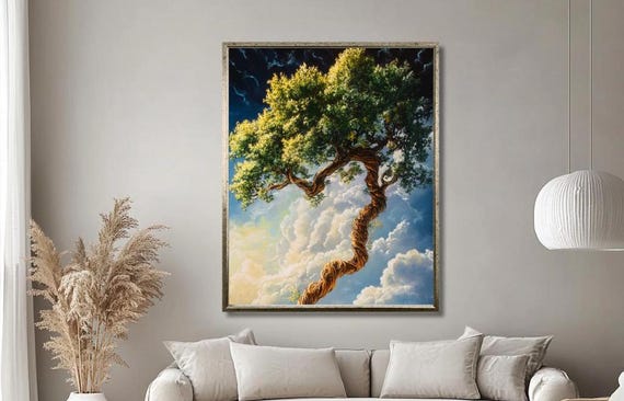 Skyward Spiral Tree Wall Art Dreamlike Twisting Tree Reaching Into The Clouds Surreal Nature Decor For Living Room Large