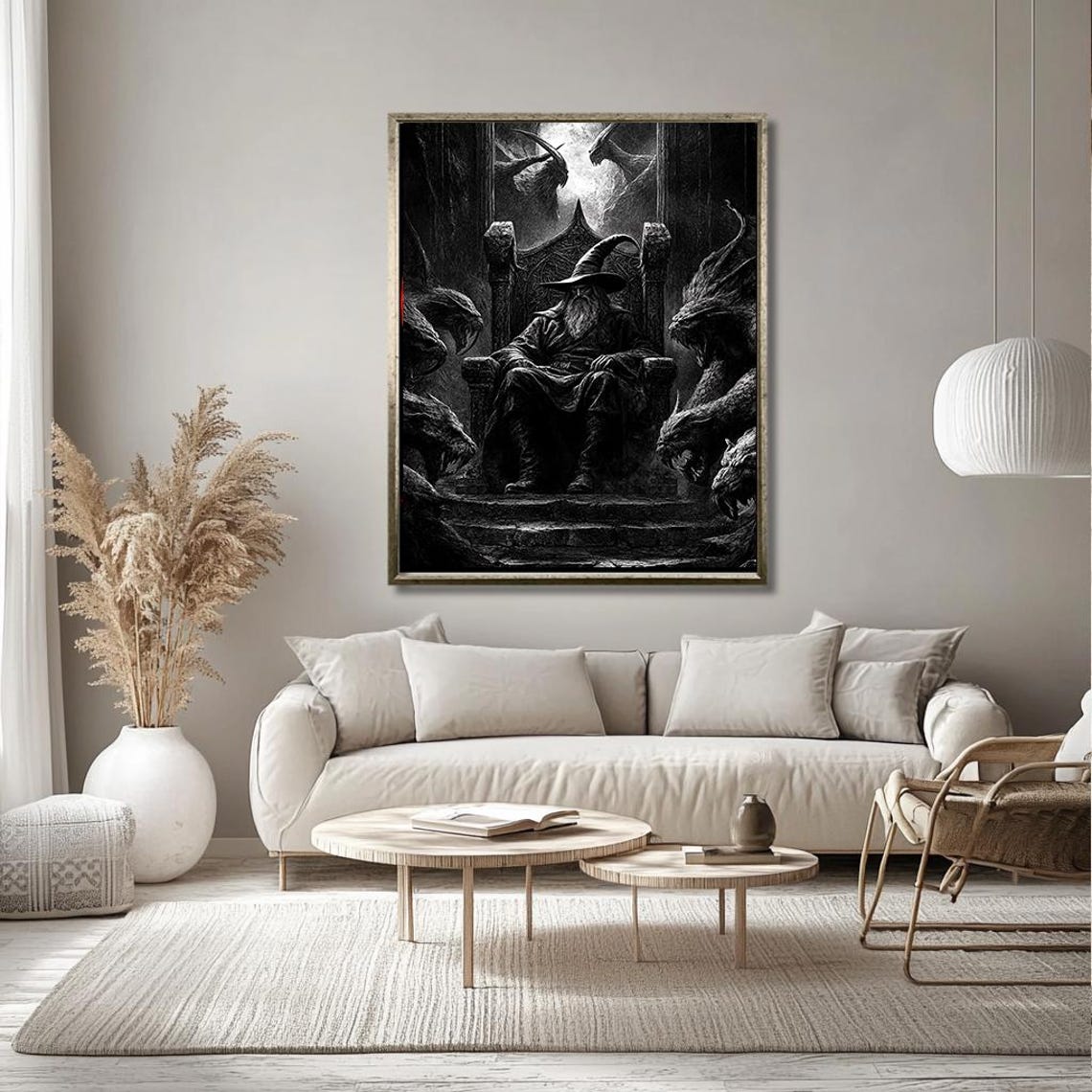 Monochrome Wizard on Dragon Throne Black and White Fantasy Poster - Image 2