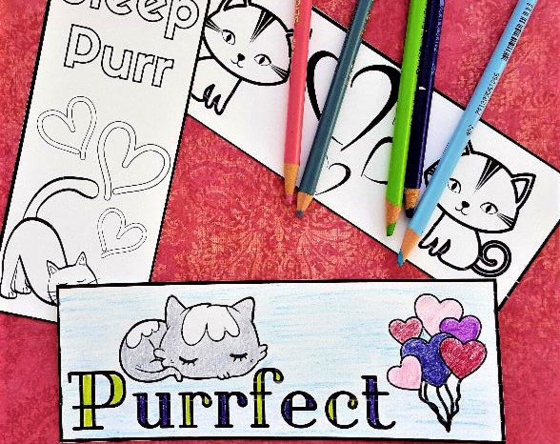 Cute Cat Coloring Bookmarks, DIY Kids Art Print