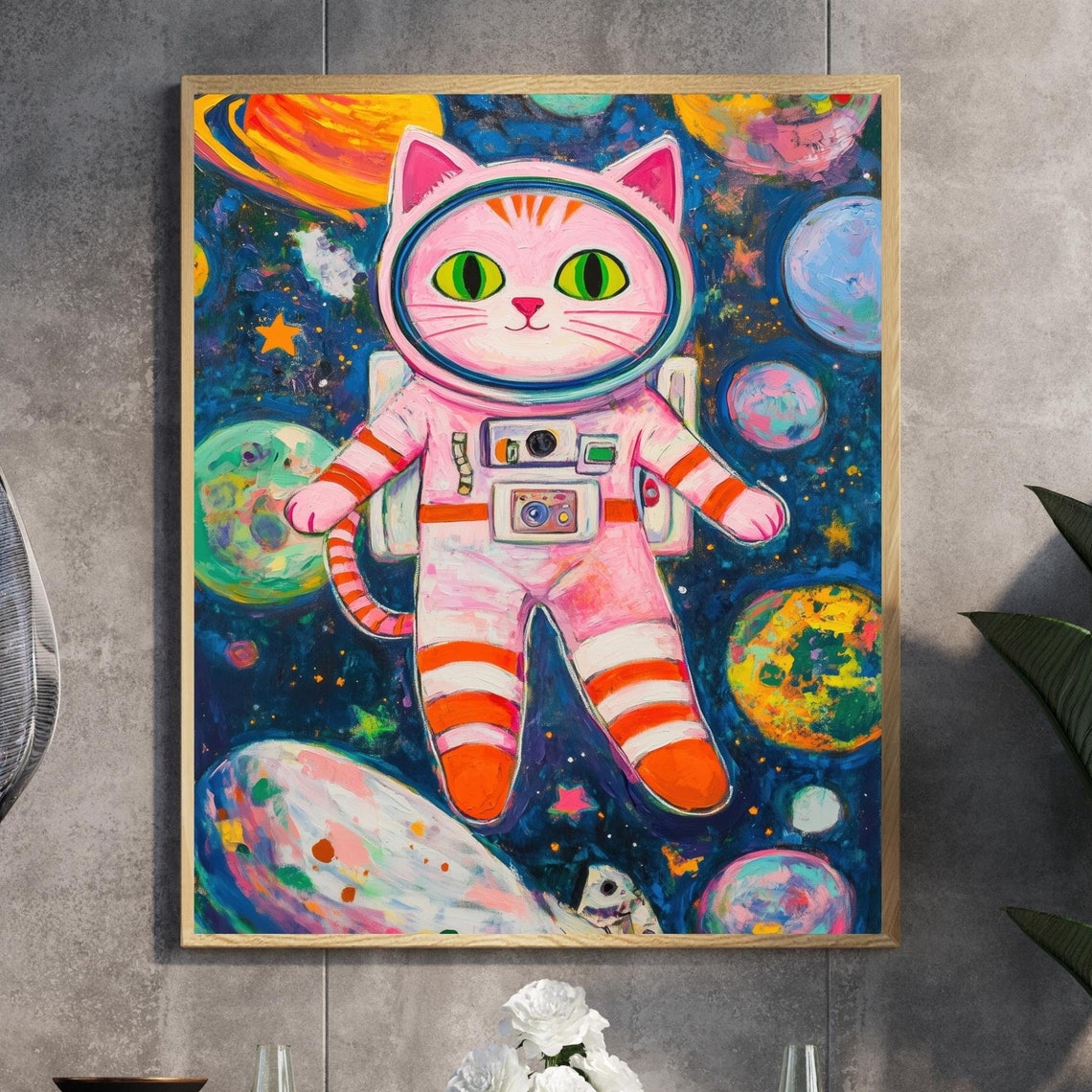 Cute Pink Astronaut Cat Explorer In A Painted Starry Galaxy Poster