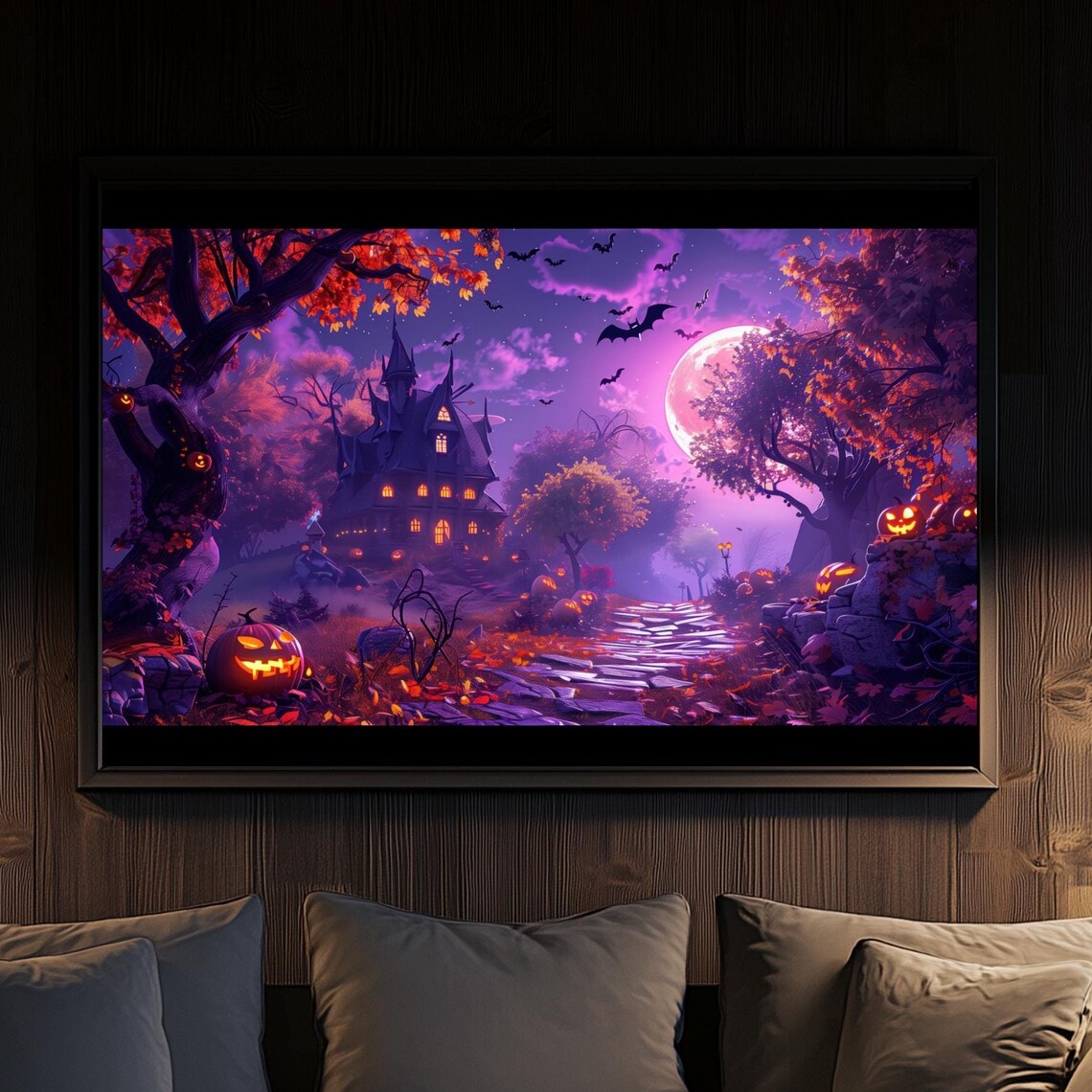 Haunted House Halloween Night Spooky Purple Moonlit Manor Poster