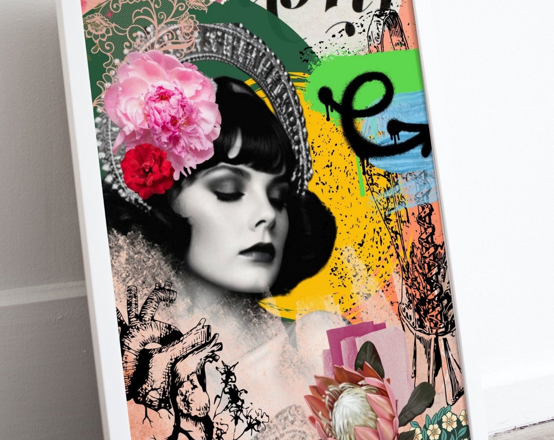 Vintage Flapper Woman Floral Graffiti Collage Art Wall Poster
