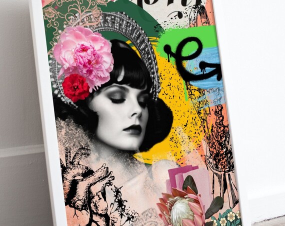 Vintage Flapper Woman Floral Graffiti Collage Art Wall Poster