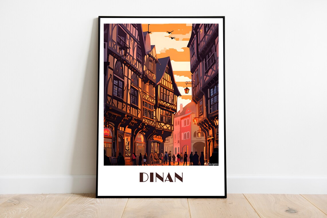 Dinan Brittany Old Medieval Street Sunset Vintage Travel Poster