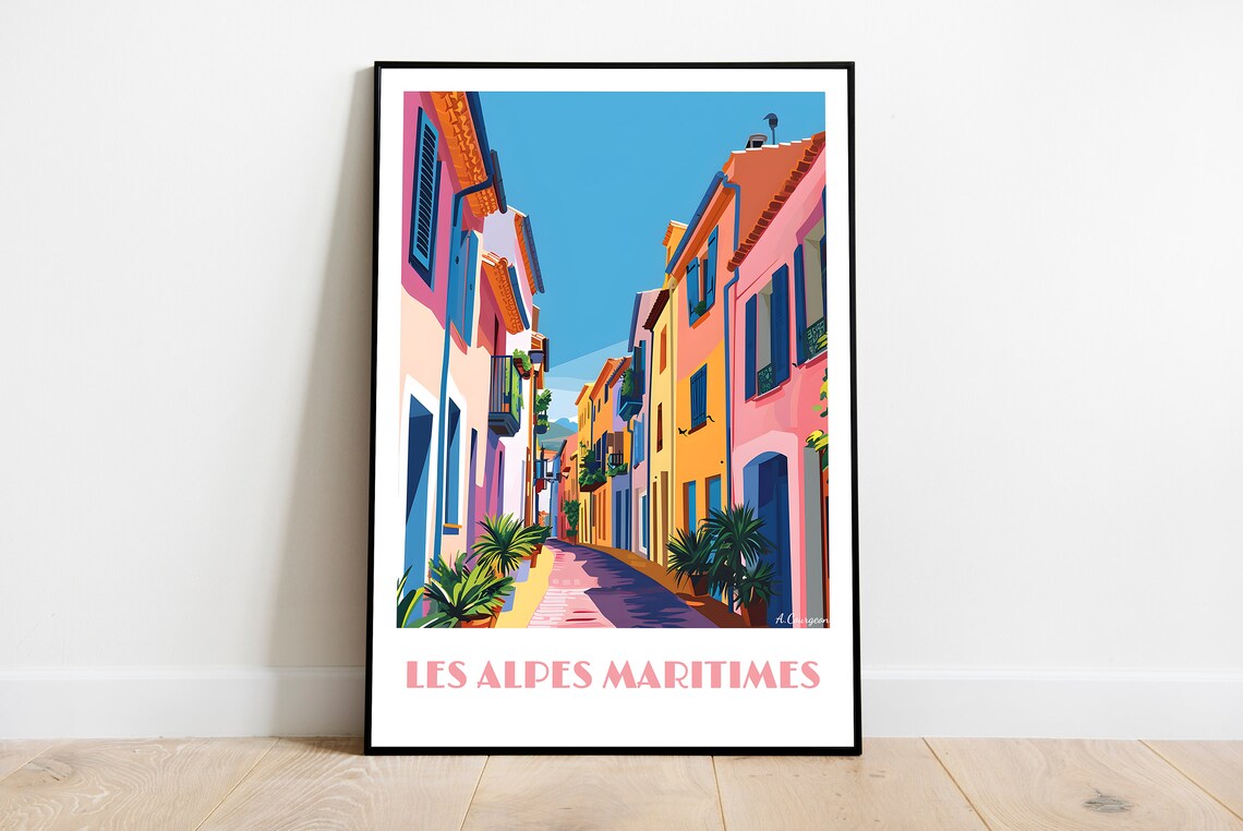 Les Alpes Maritimes Colorful Village Street Riviera Travel Poster