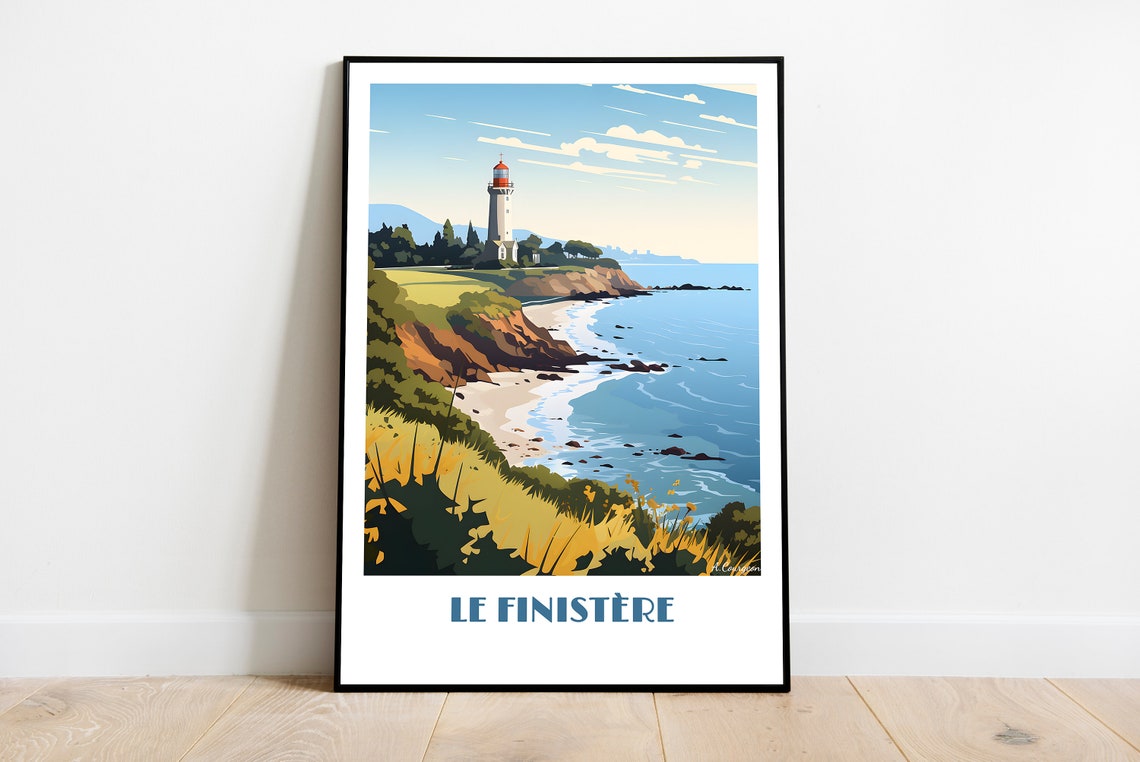 Le Finistère Brittany Lighthouse Cliff Beach Retro Travel Poster