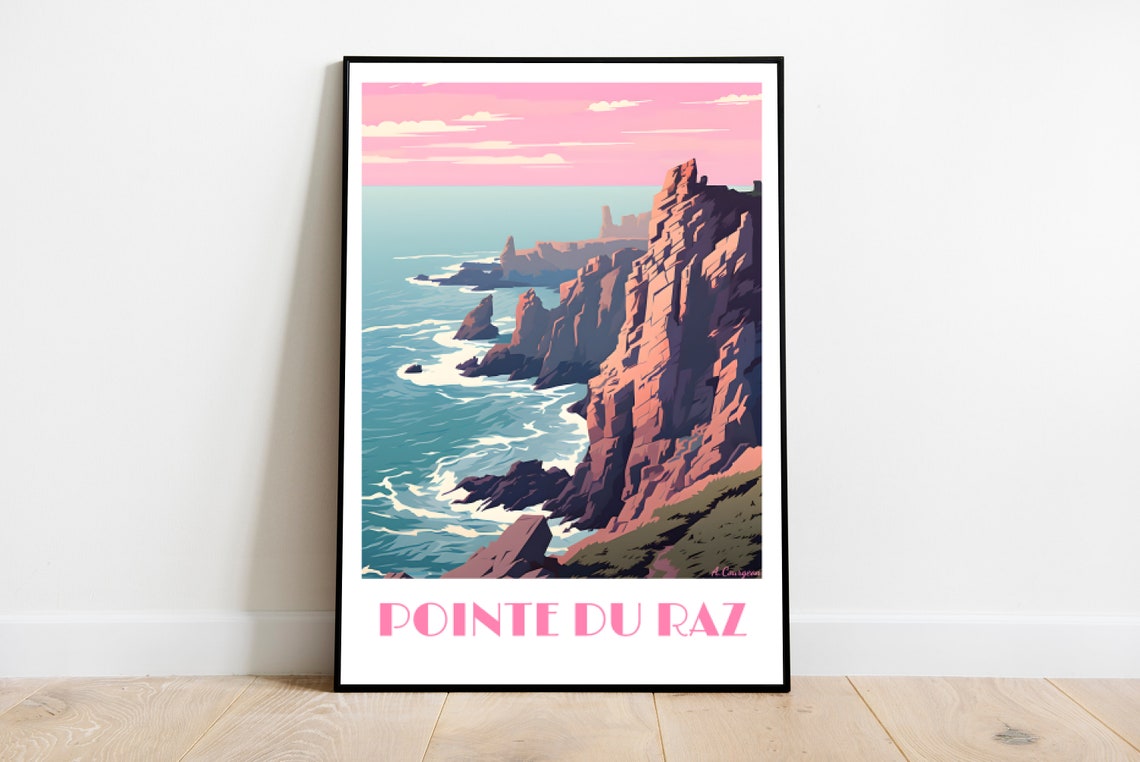 Pointe du Raz Brittany Rocky Cliffs Pink Sunset Travel Poster