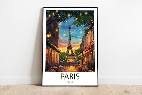 Paris France Eiffel Tower Cafe Street Dusk Vintage Travel Poster