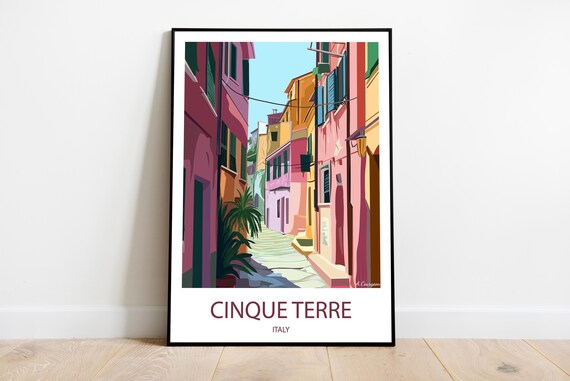 Cinque Terre Italy Handmade Poster Wall Art Modern Travel Framed Birthday Home Made Decor Gift Vector Illustration Print Custom