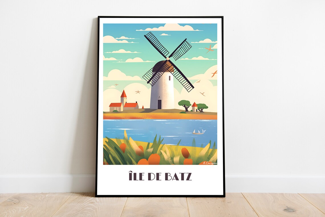 Ile de Batz Classic Windmill Harbor Retro France Travel Poster