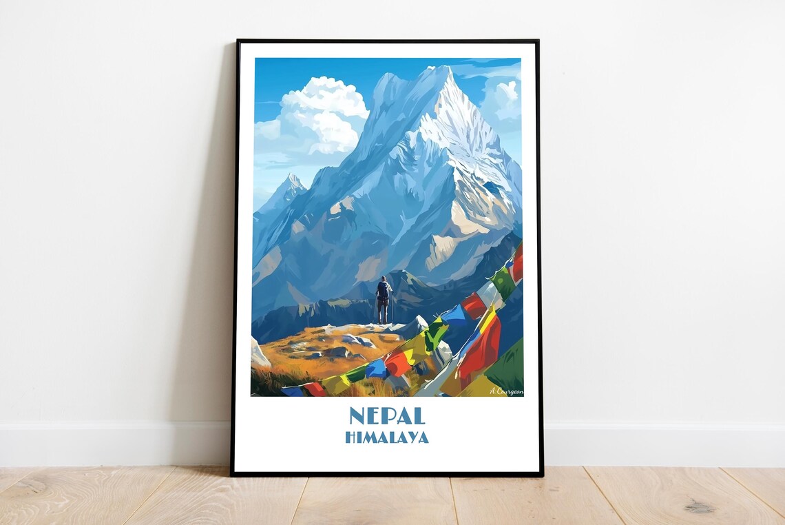 Nepal Himalaya Snow Mountain Peak Prayer Flags Trekking Poster