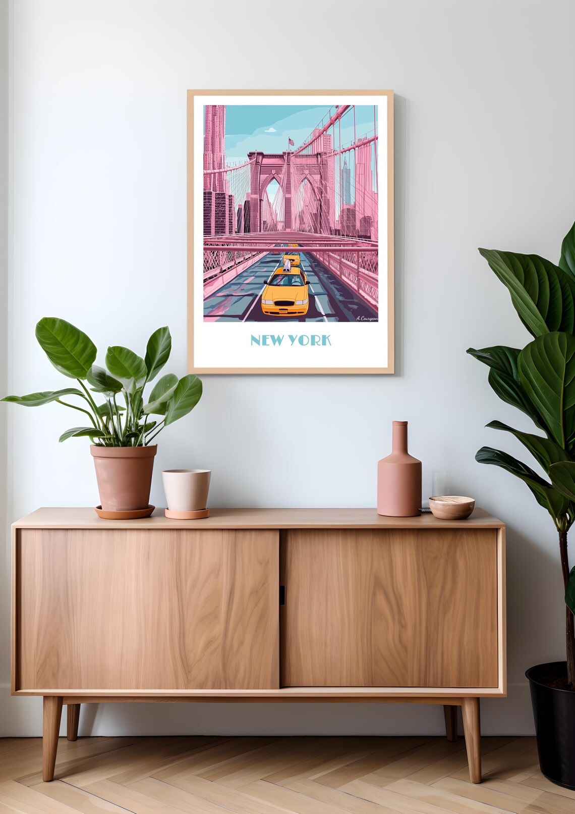 New York Brooklyn Bridge with Yellow Taxis Pink Retro Poster
