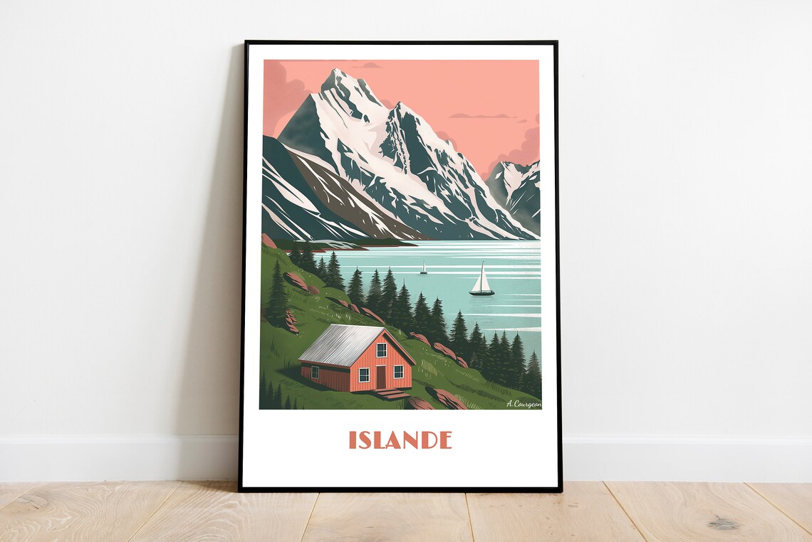 Islande Retro Snowy Peak Lake Sailboat Red Cabin Fjord Travel Poster