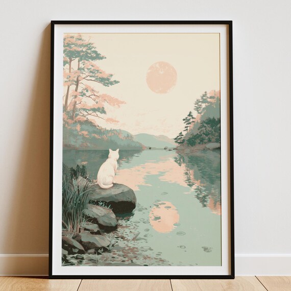 White Cat Gazing At Moon Reflection On Still Lake Japanese Zen Poster