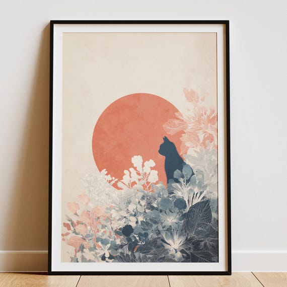 Japandi Cat Poster Red Sun Botanical Zen Wall Art