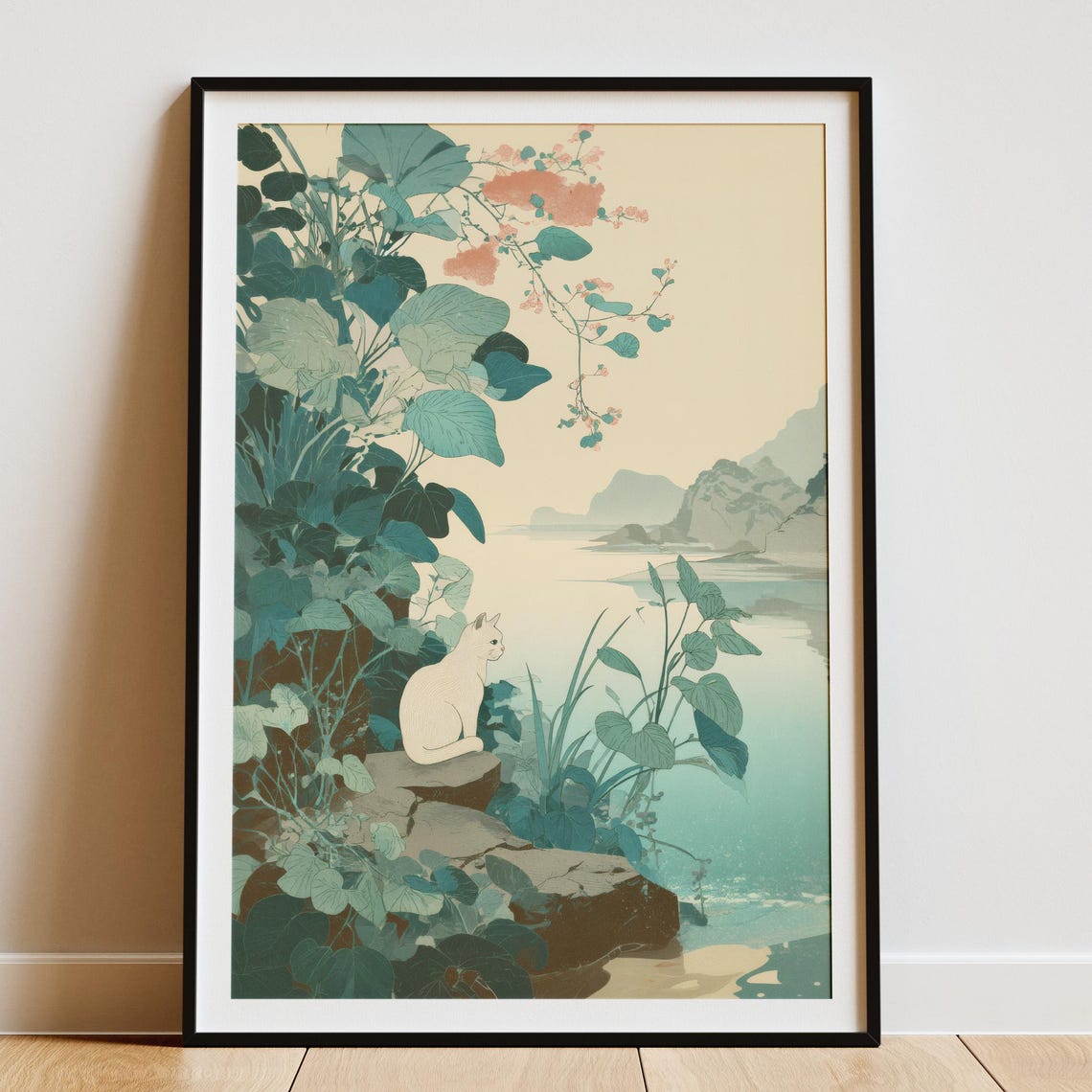 Japandi Cat By River Minimalist Nature Wall Art Poster Green Beige Zen Decor