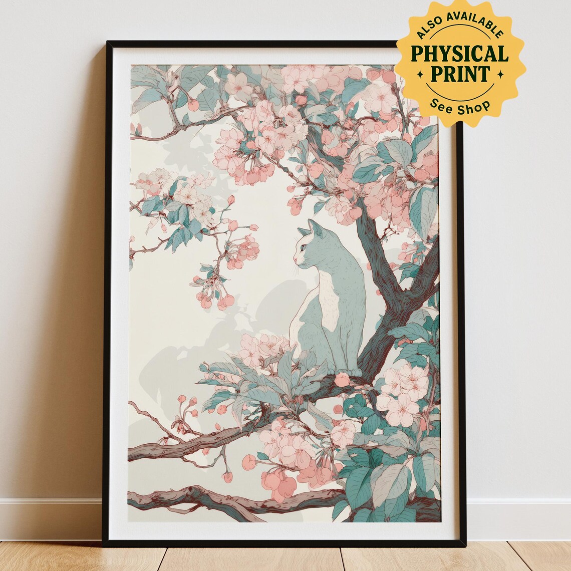 Cat In Cherry Blossom Tree Japandi Pink Floral Minimalist Art Poster