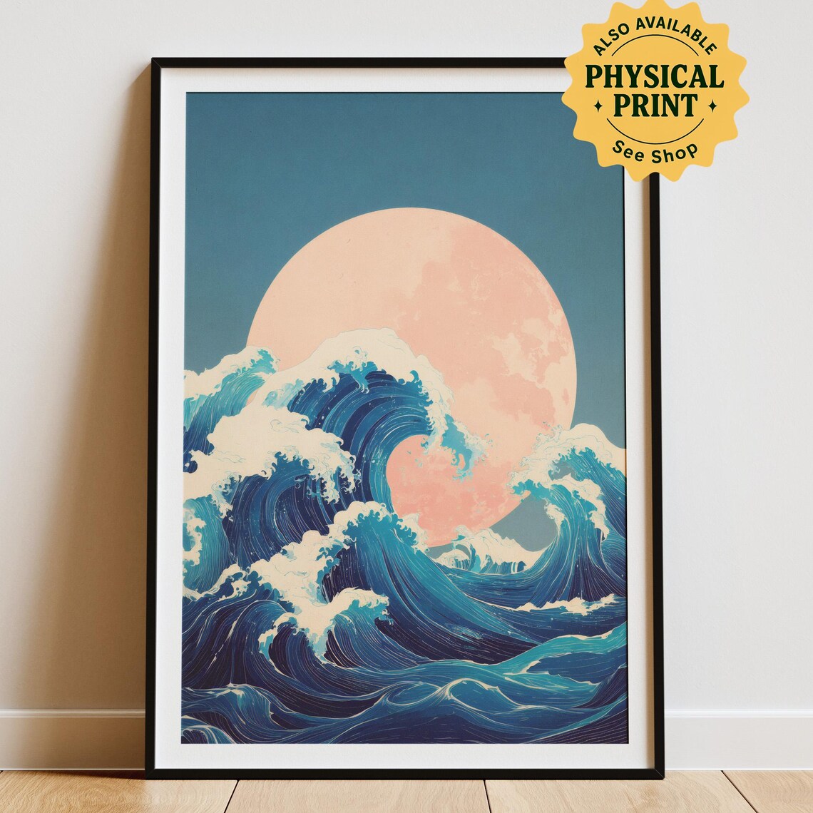 Blue Ocean Waves Giant Pink Moon Japanese Seascape Art Print