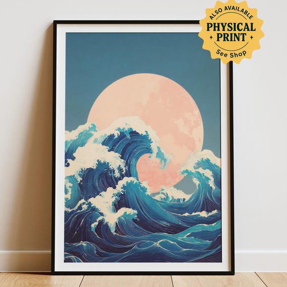 Japandi Wave Art Print Pink Moon Seascape