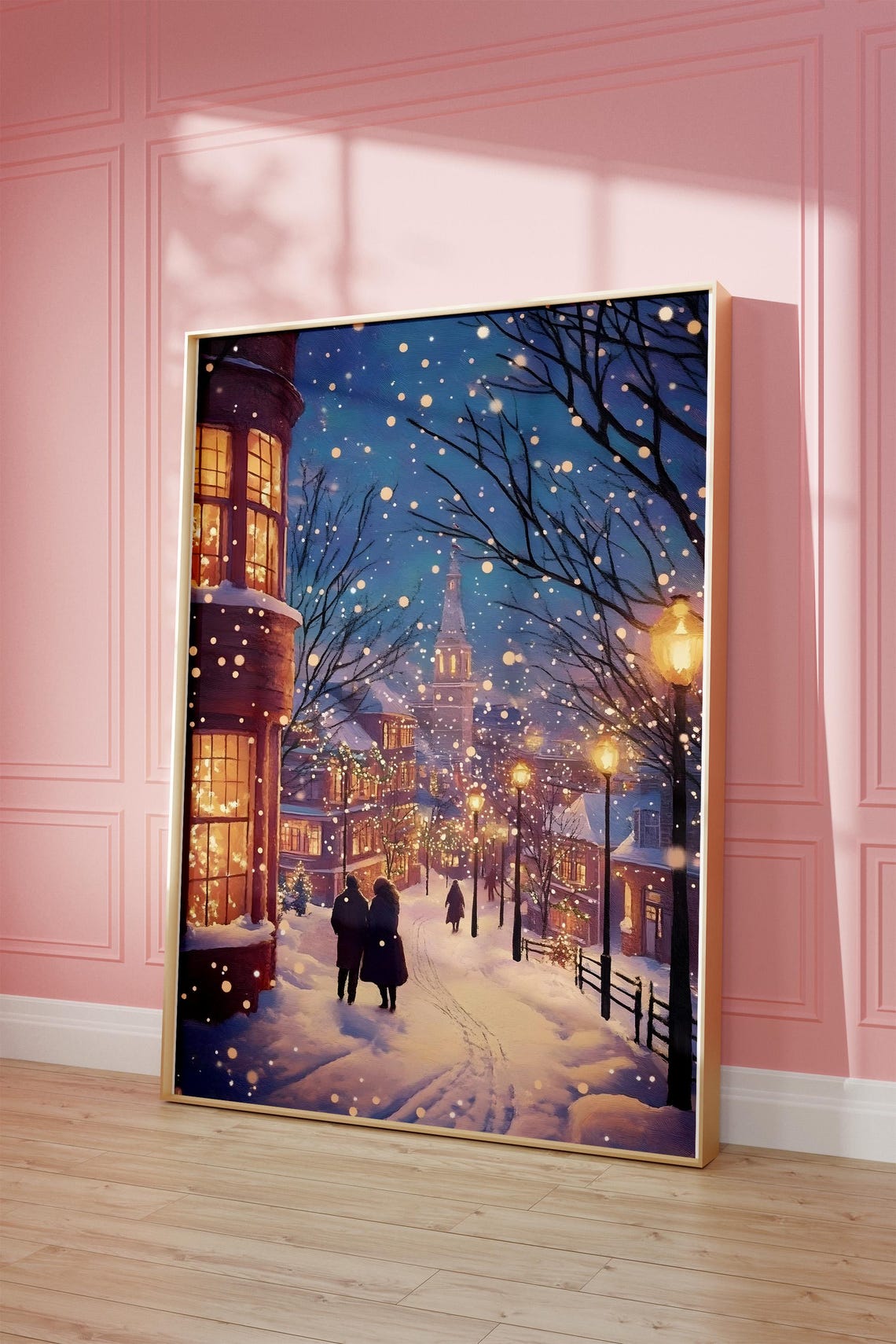 Snowy Village Winter Evening Street Vintage Christmas Scene Poster - Image 3