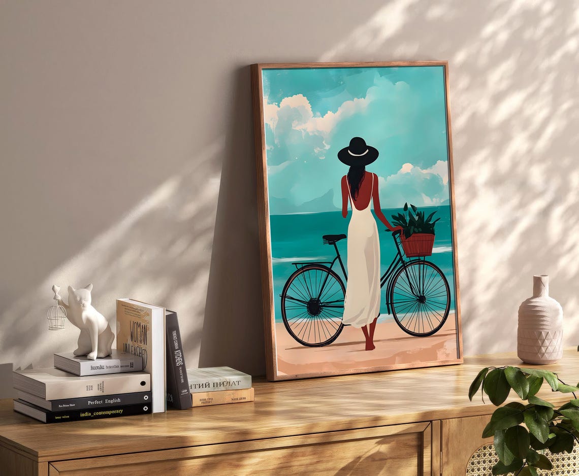 Woman With Bicycle At Tropical Beach Summer Coastal Art Poster - Image 2