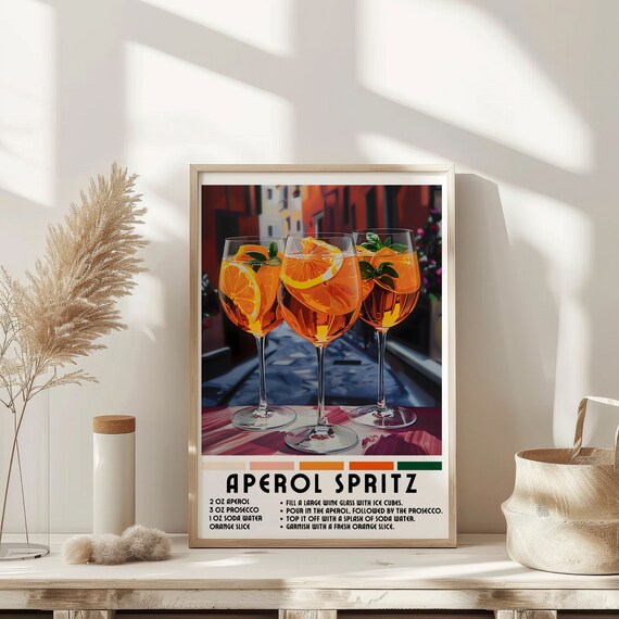 Aperol Spritz Cocktail Recipe Poster Three Orange Glasses Italian Wall Decor