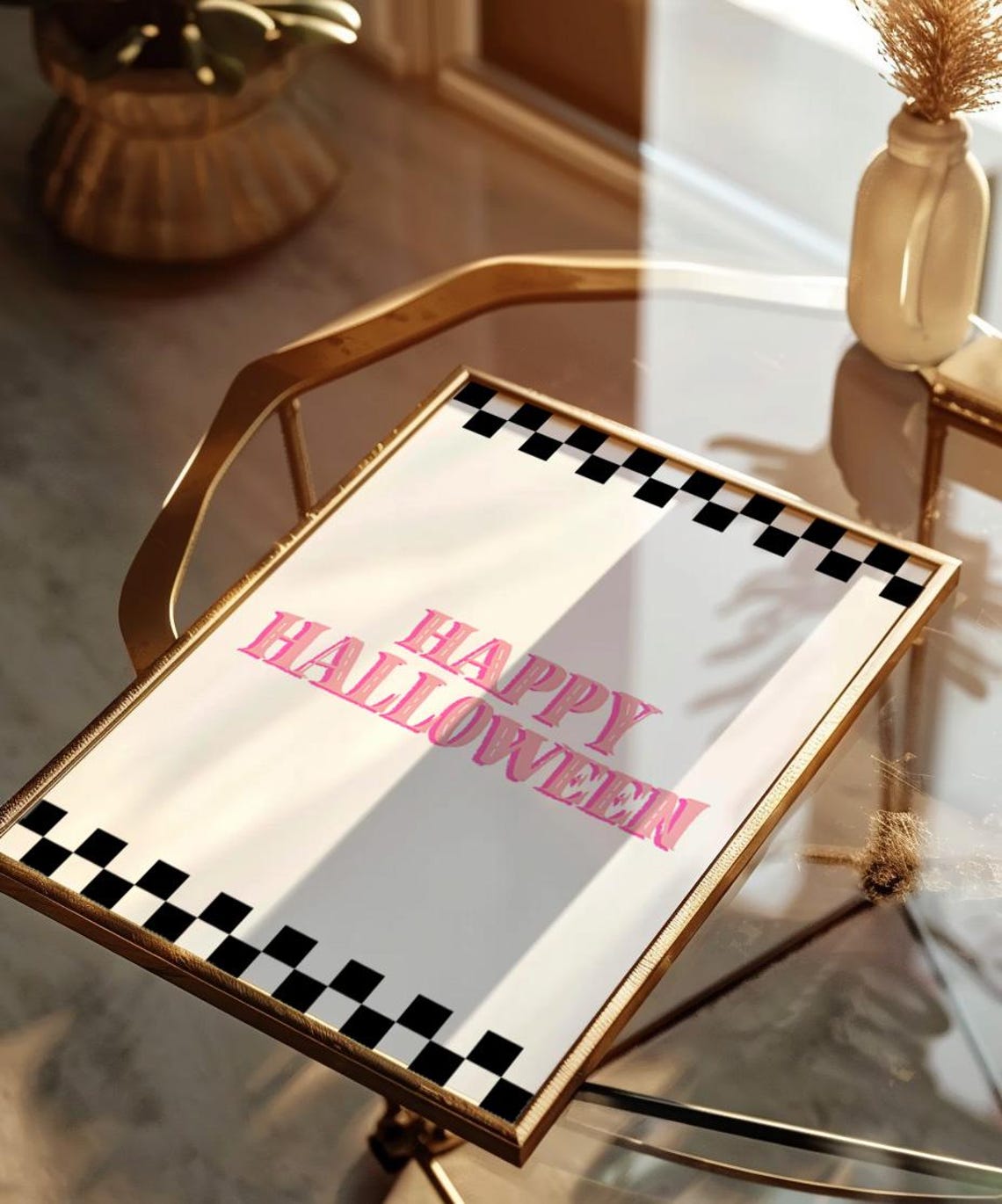 Pink Happy Halloween Checkered Border Cute Retro Typography Poster - Image 4