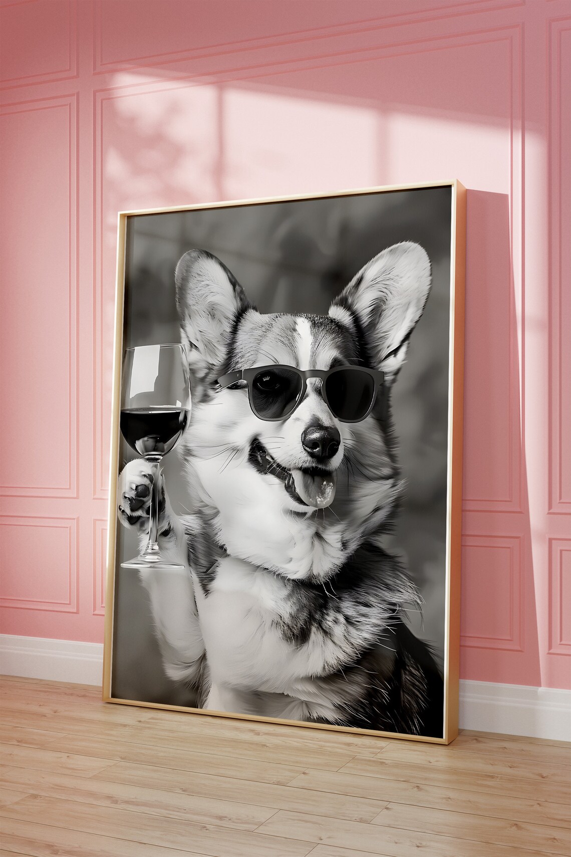 Corgi With Sunglasses Holding Red Wine Funny Black White Poster