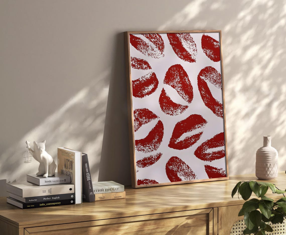 Red Lipstick Kiss Marks Pattern Romantic Bold Lips Pop Wall Art - Image 2