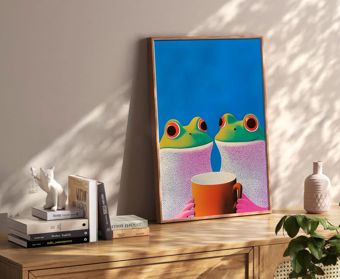 Two Cute Green Frogs Sharing Orange Mug Quirky Animal Poster - Image 2