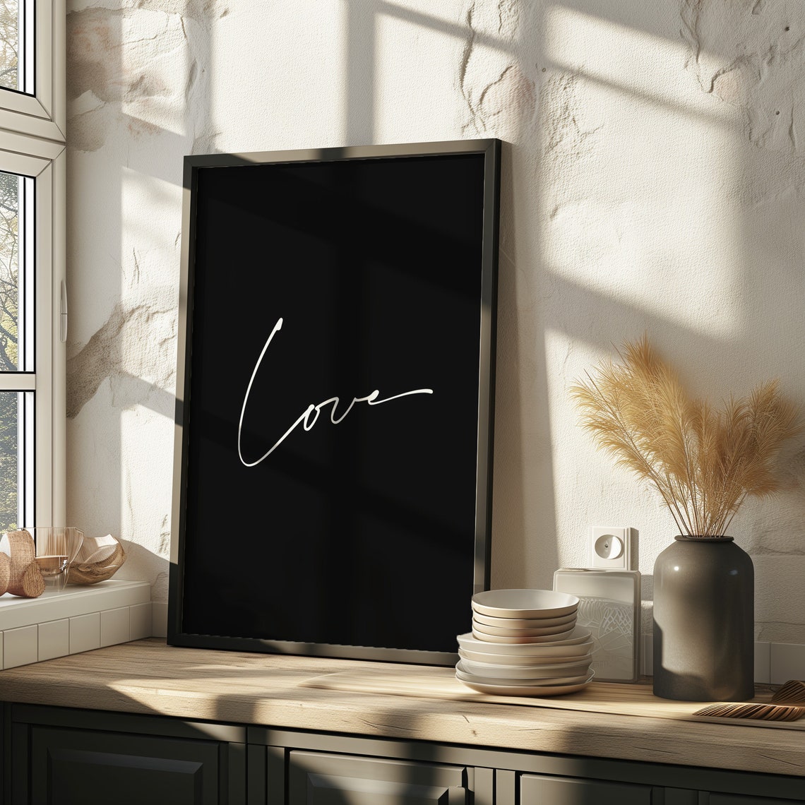 Love Script Minimalist Black and White Modern Decor Wall Art - Image 2