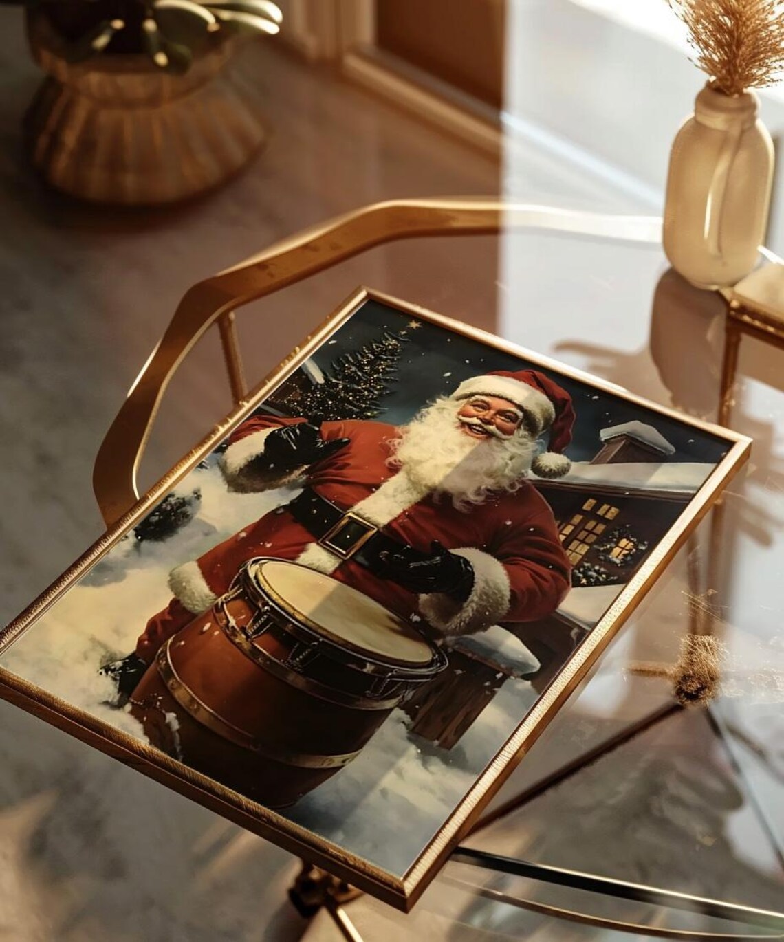 Vintage Santa Claus Playing Drum in the Snow Christmas Poster - Image 2