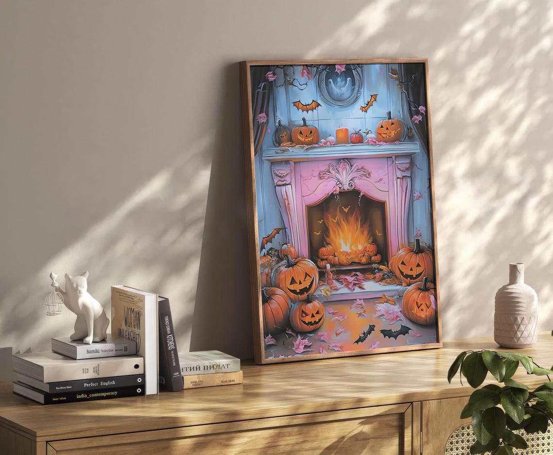 Cute Pink Halloween Fireplace Pumpkins Bats Cozy Autumn Scene Poster