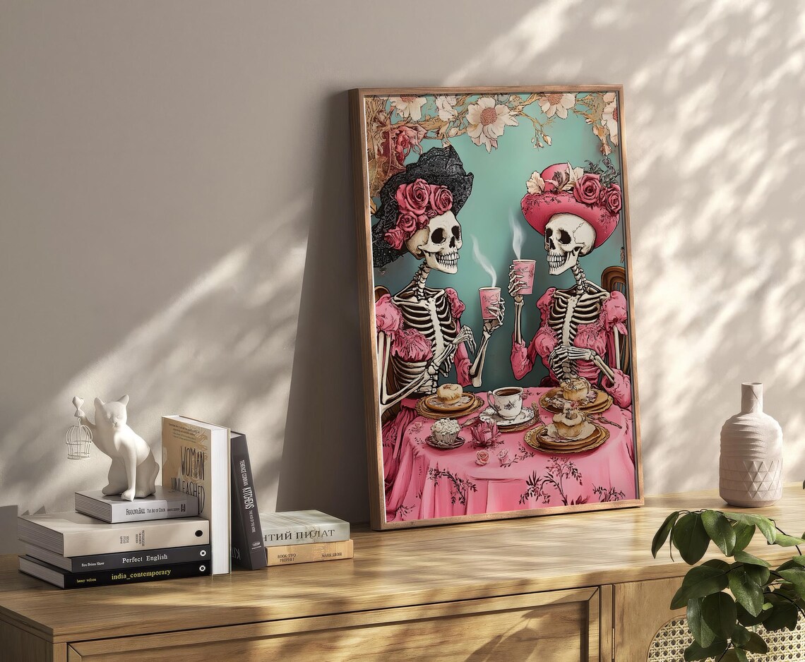 Skeleton Ladies Tea Party Pink Victorian Gothic Halloween Poster