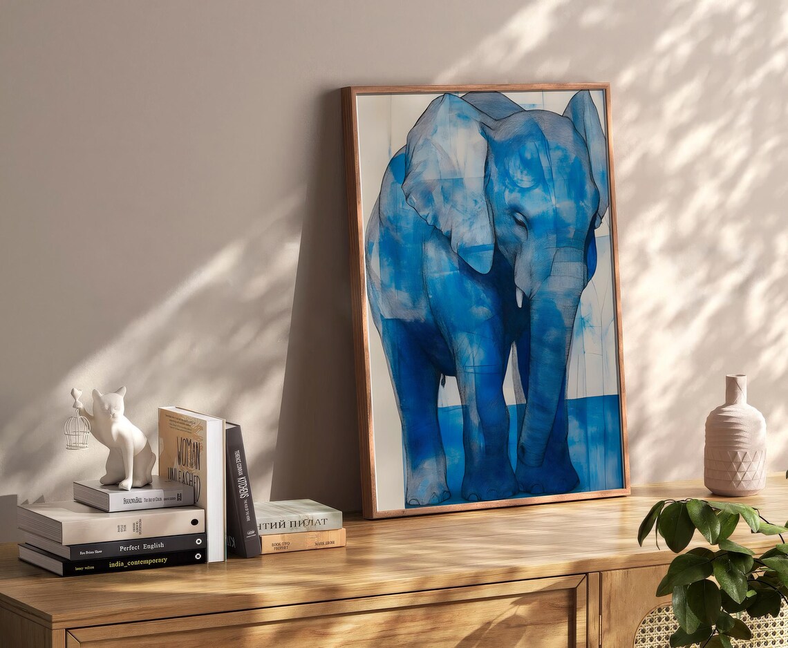 Watercolor Blue Elephant Gentle Giant Animal Painting Poster - Image 2