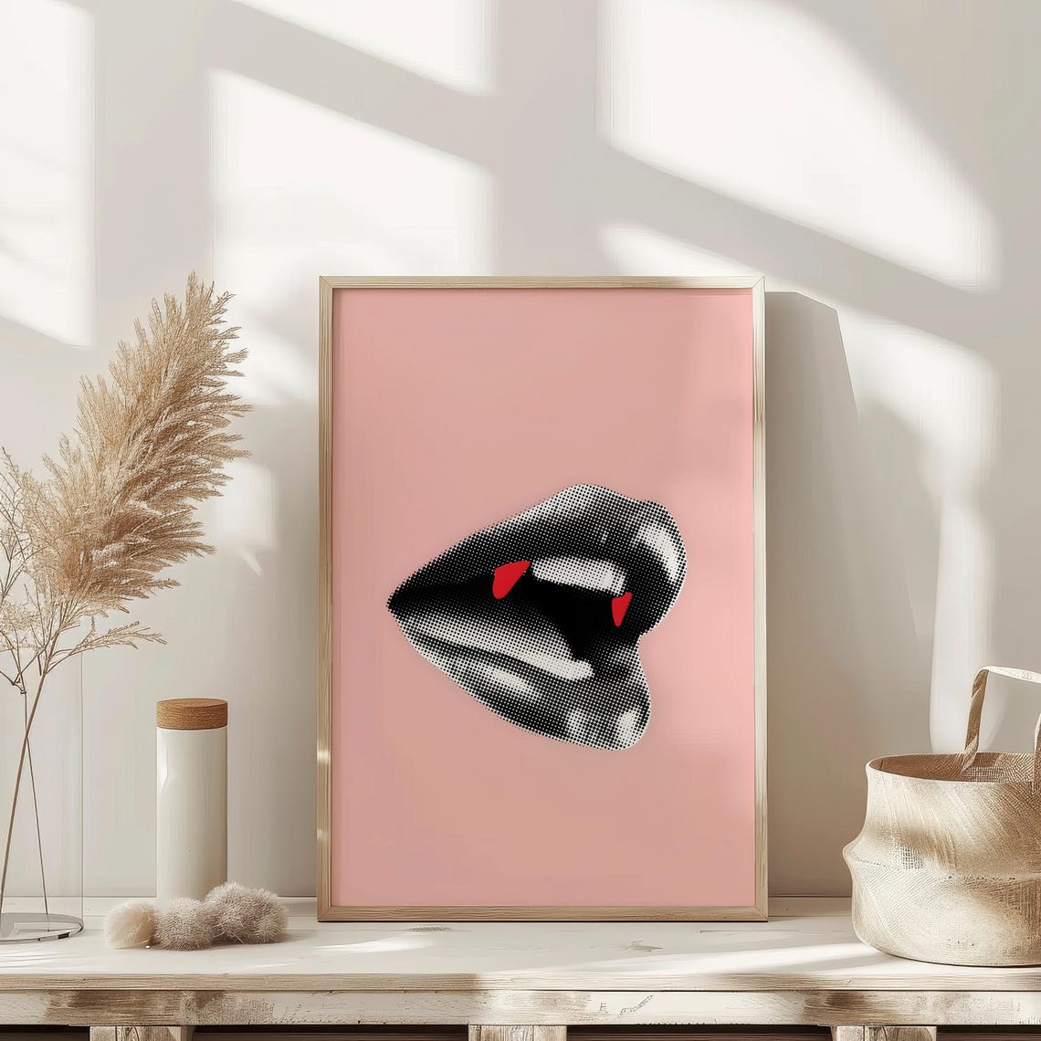 Vampire Fangs Pink Halloween Vintage Halftone Lips Art Poster - Image 3