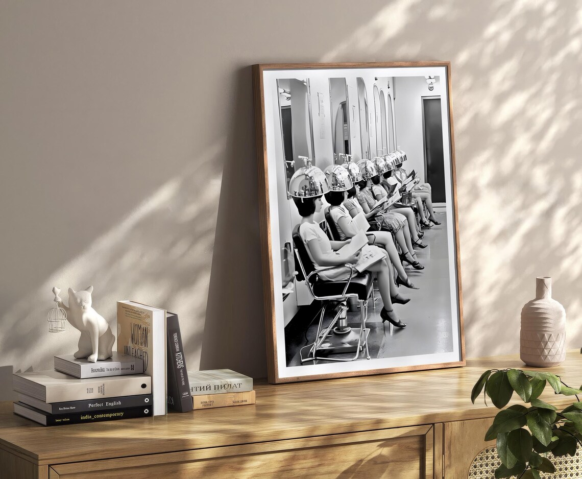 Vintage Hair Salon Women Under Dryers Black and White Photo Print - Image 2