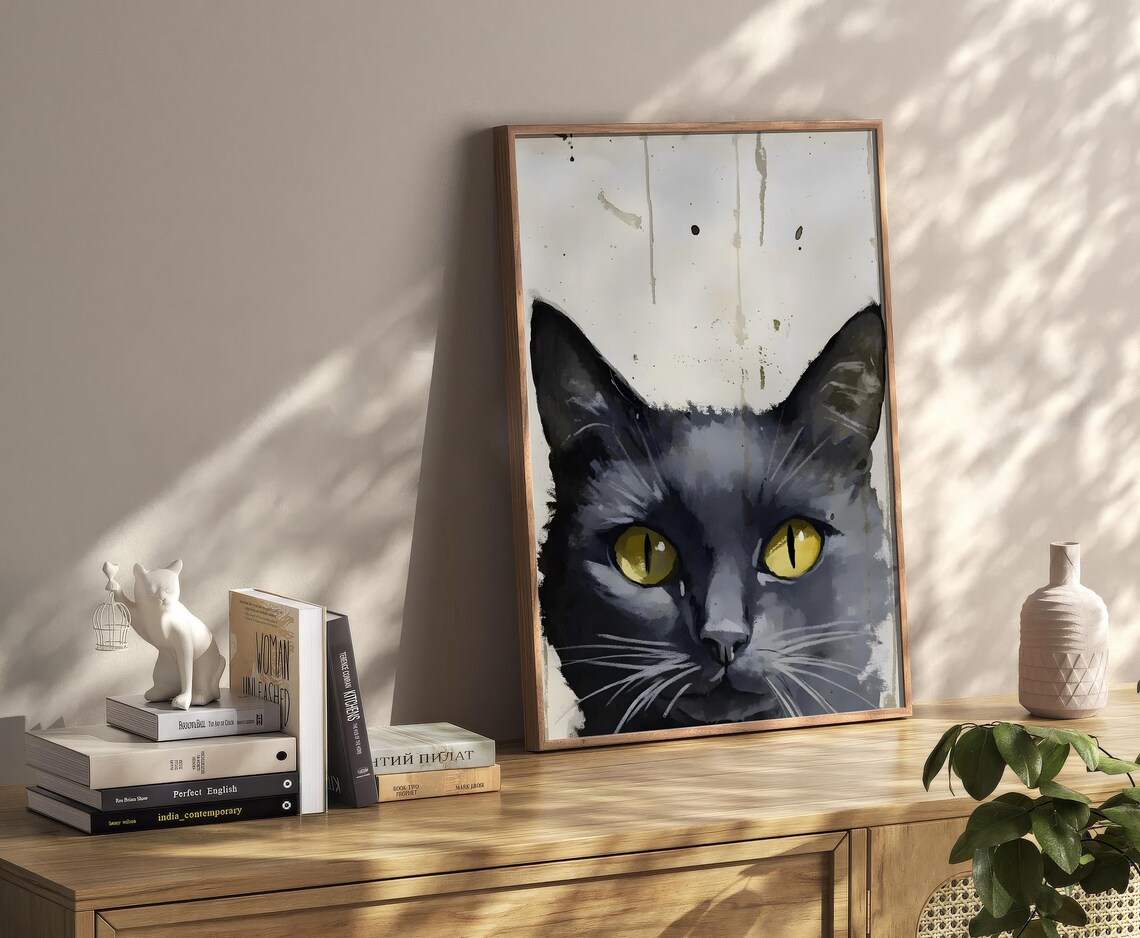 Black Cat Portrait Yellow Eyes Vintage Halloween Moody Art Poster