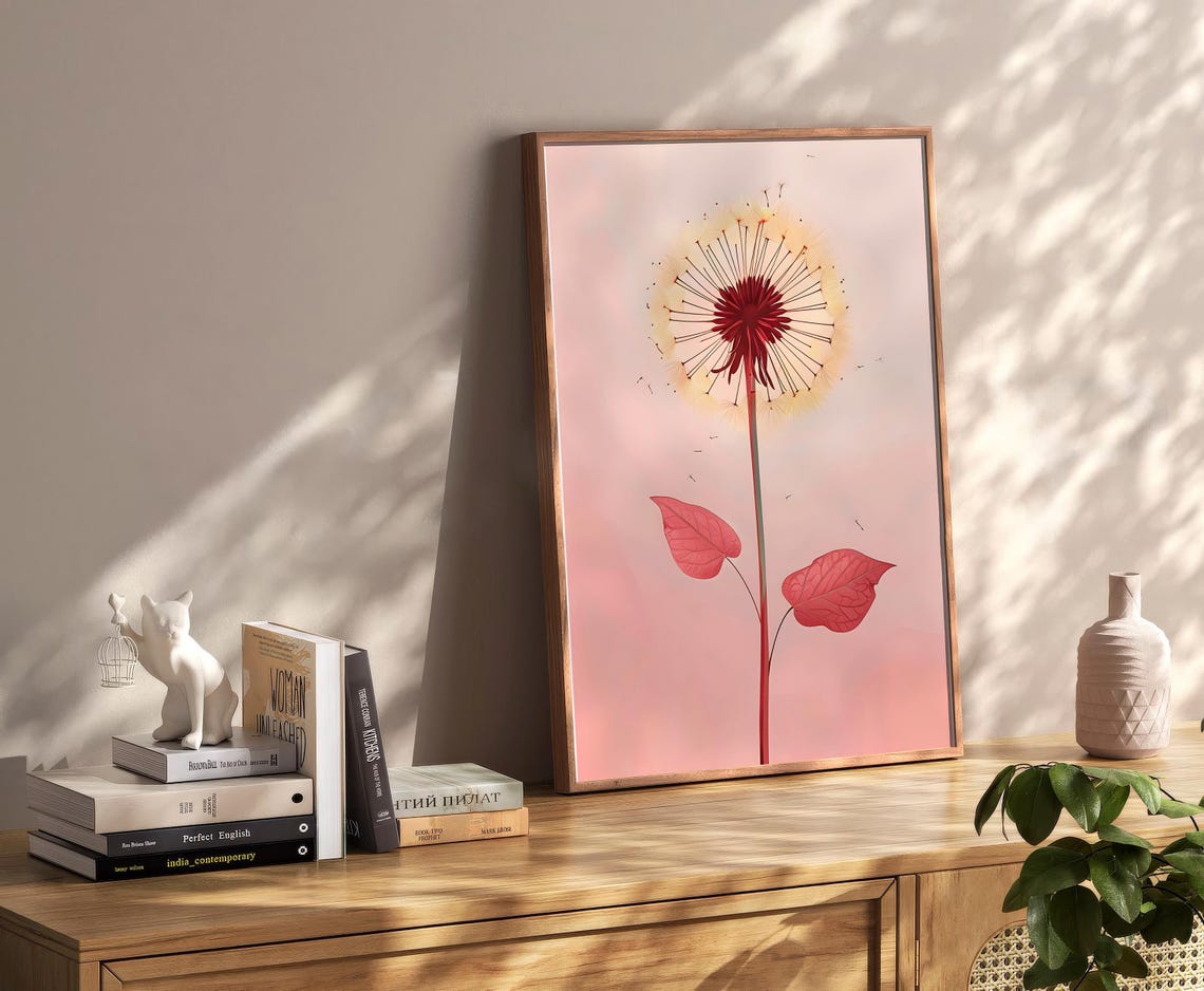 Red Dandelion Flower On Blush Pink Modern Botanical Art Poster - Image 2