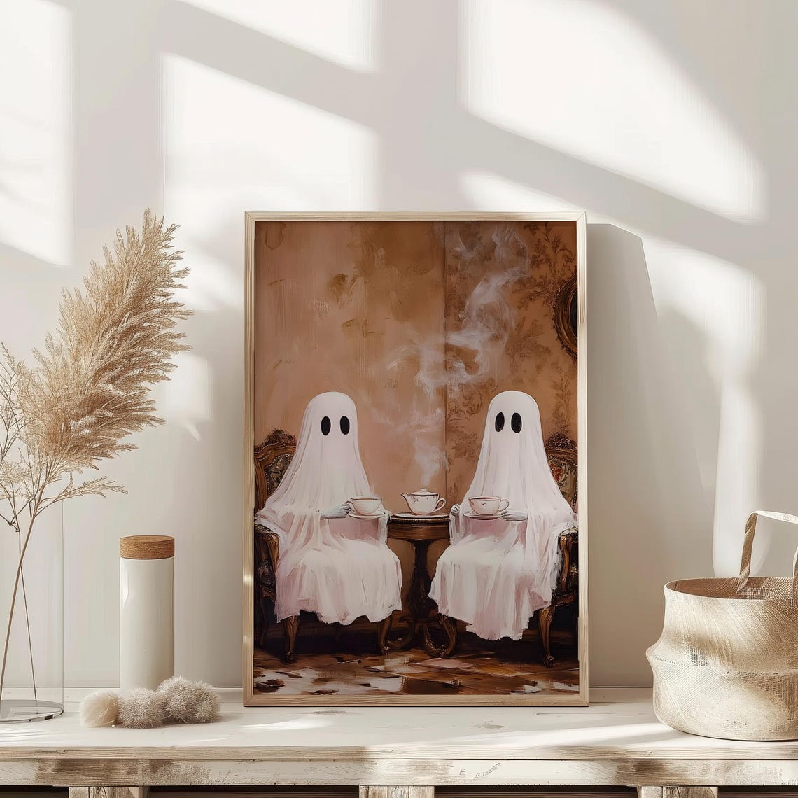 Two Cute Ghosts Sharing Afternoon Tea Vintage Spooky Halloween Poster - Image 2