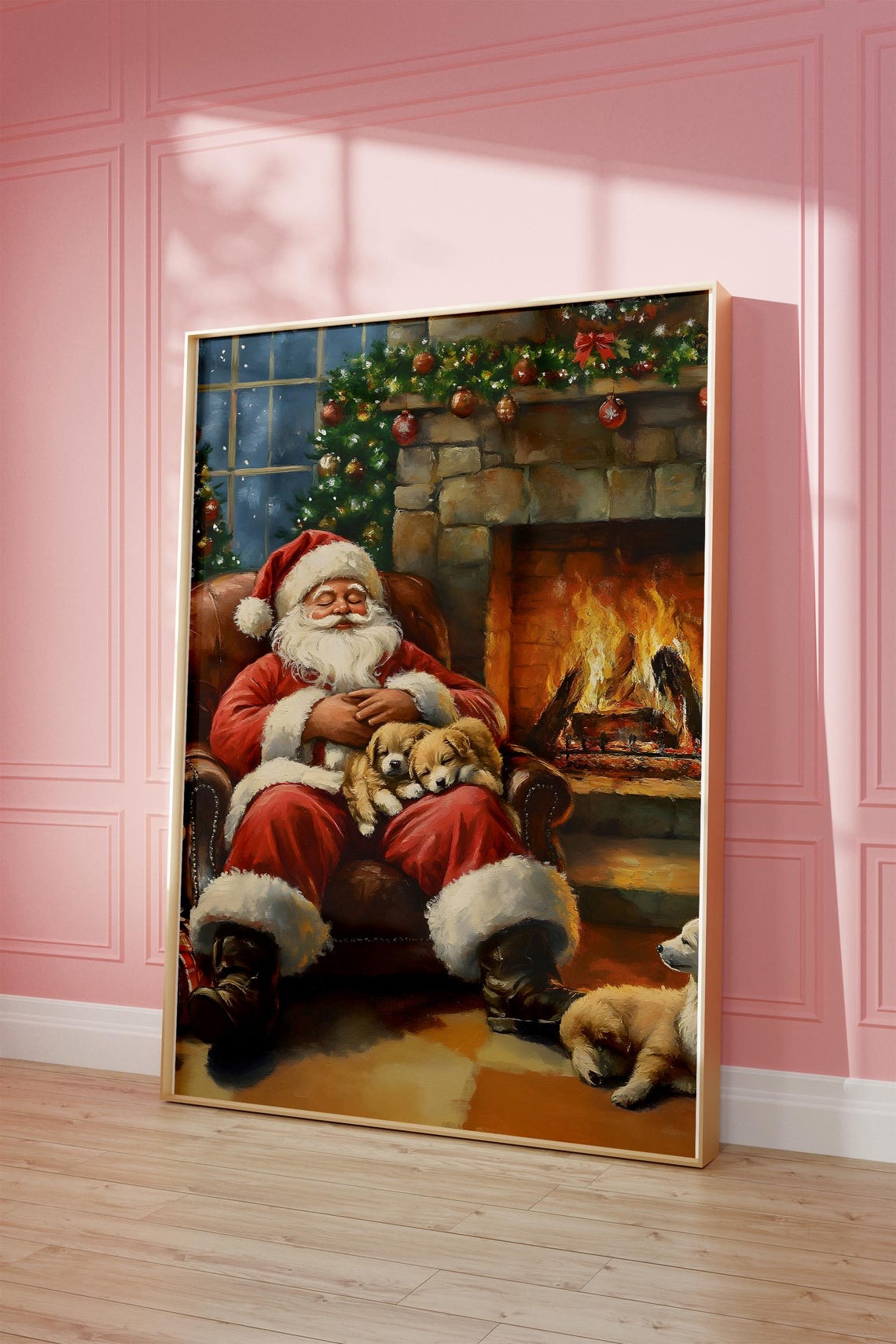 Sleeping Santa With Puppies By A Cozy Fireplace Christmas Scene Poster - Image 3