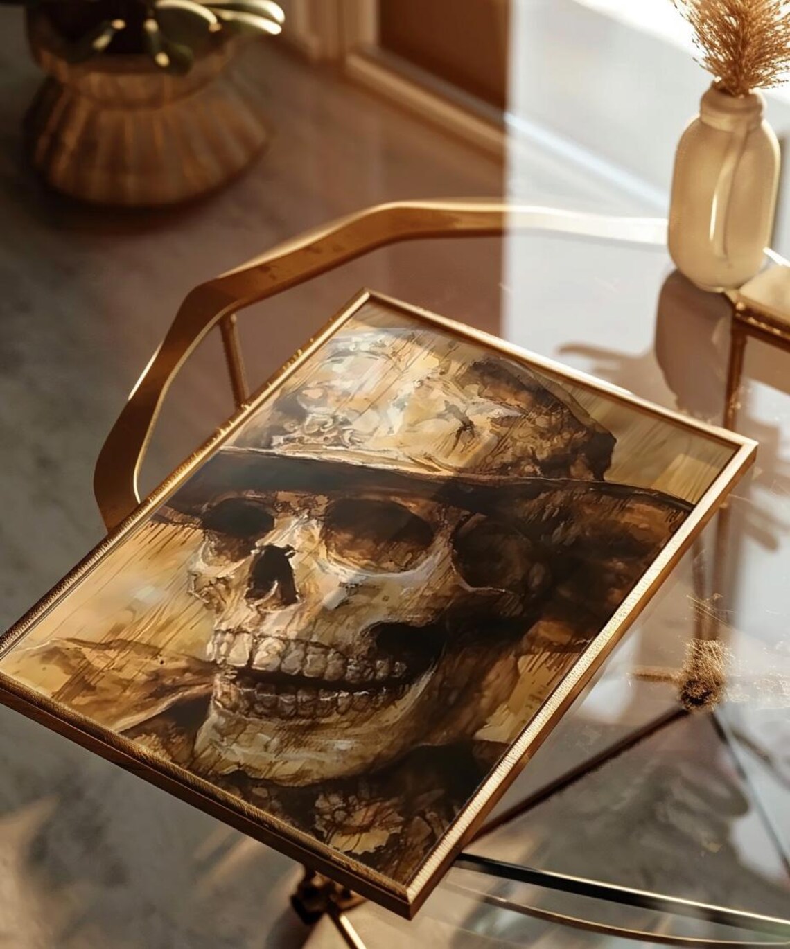 Sepia Skull Wide Brim Hat Vintage Moody Halloween Art Poster - Image 3