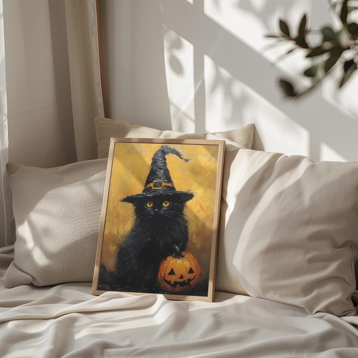 Black Cat In Witch Hat With Pumpkin Vintage Halloween Poster - Image 2