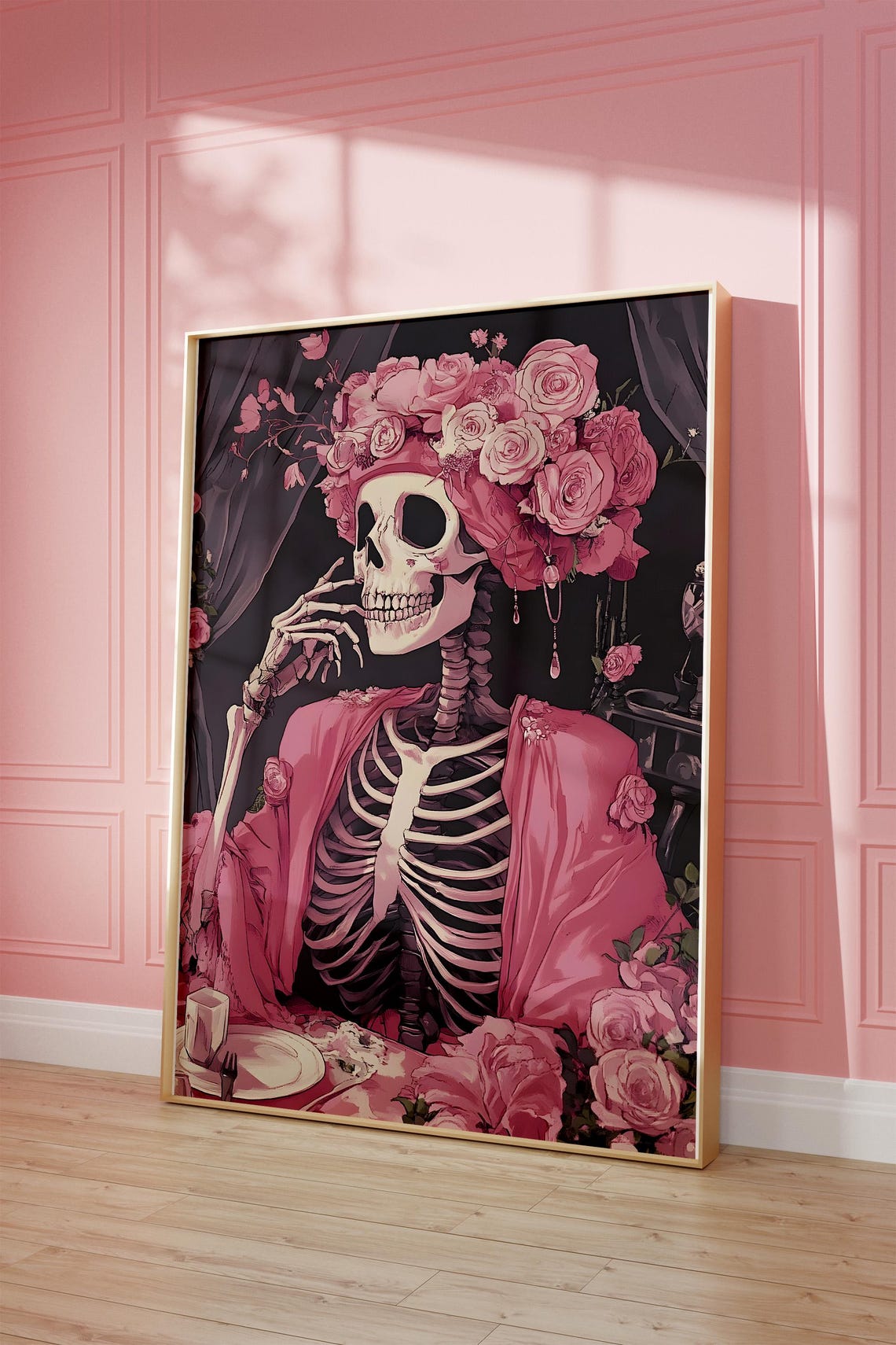 Pink Skeleton Lady Rose Crown Gothic Floral Halloween Art Poster - Image 4